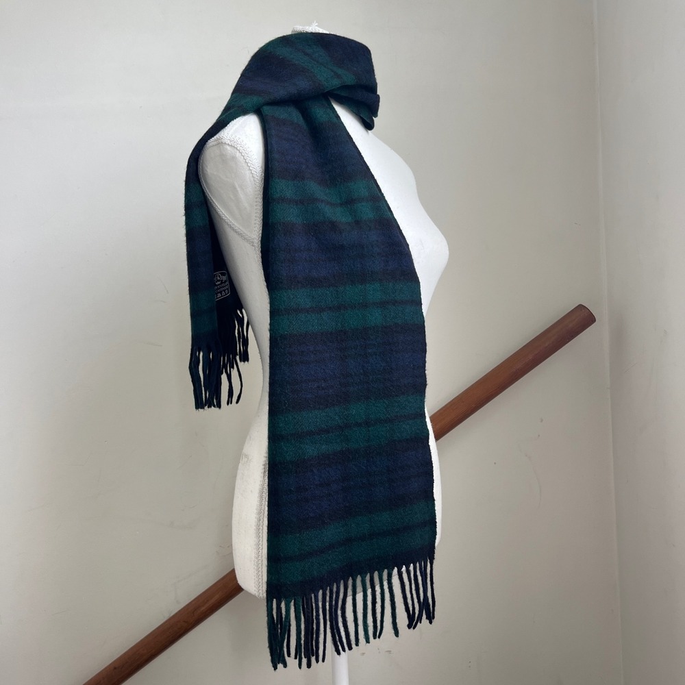 Vintage Scots Regal Scarf Green Blue Blackwatch Plaid 100%‎ Cashmere Scotland